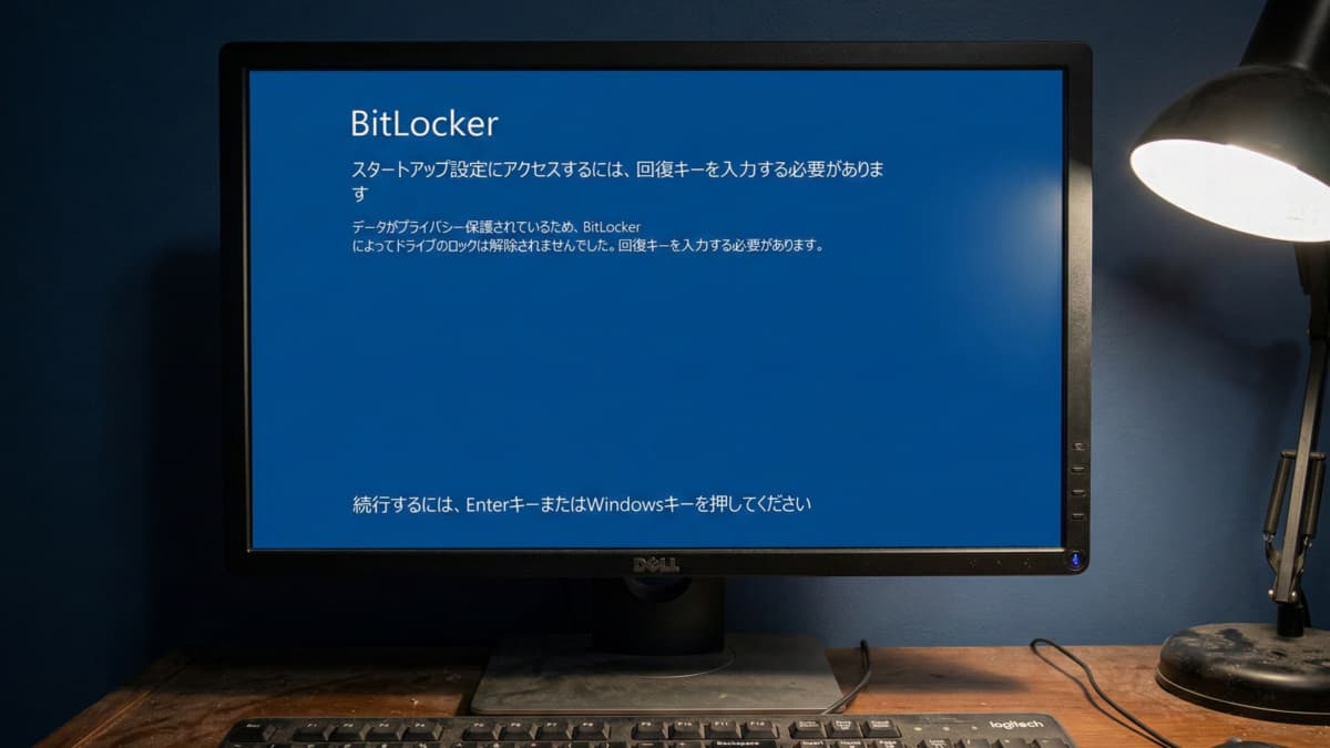 「続行するにはEnterまたはWindowsキーを押してください」というBitLocker案内画面
