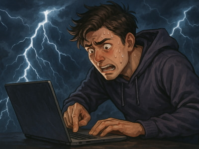 心配しながら、ノートパソコンを強制終了しようとしているイメージ画像