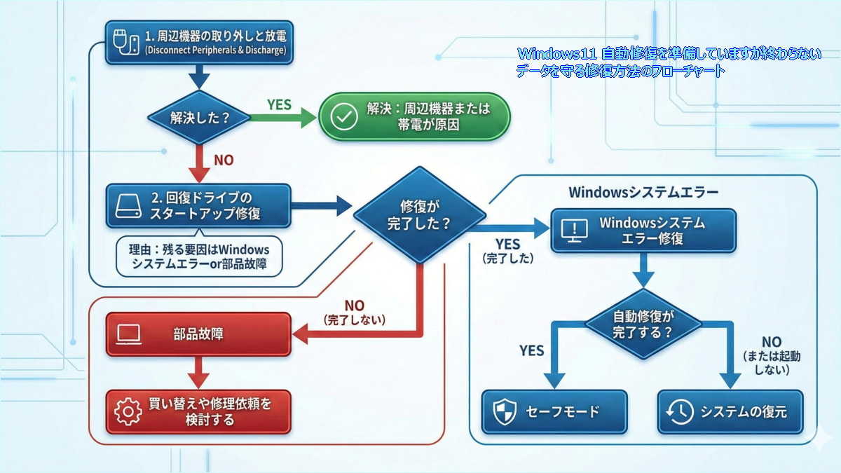 自動修復が終わらない原因を切り分けるフローチャート
