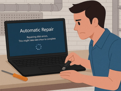 自動修復が終わらないノートパソコンを修復しているイメージ画像