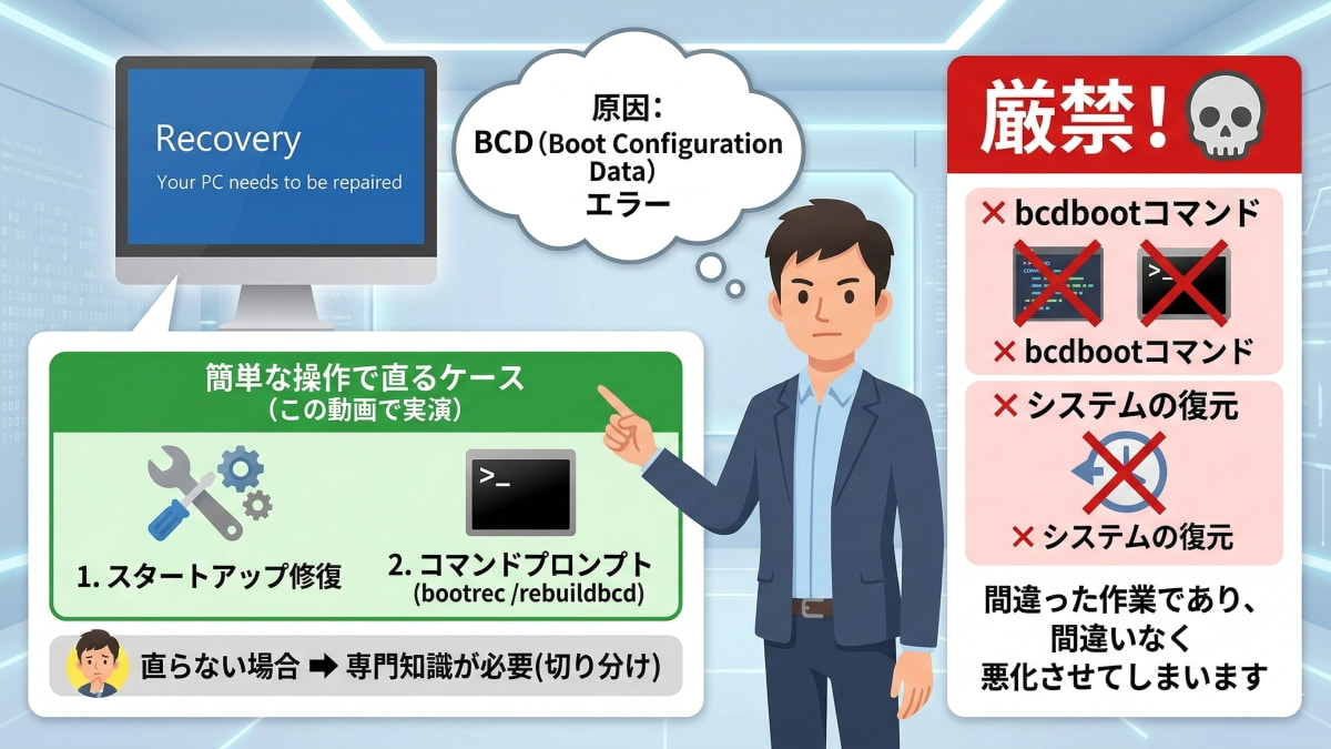 「Recovery Your PC needs to be repaired」の原因と対処法の概要をまとめたイラスト