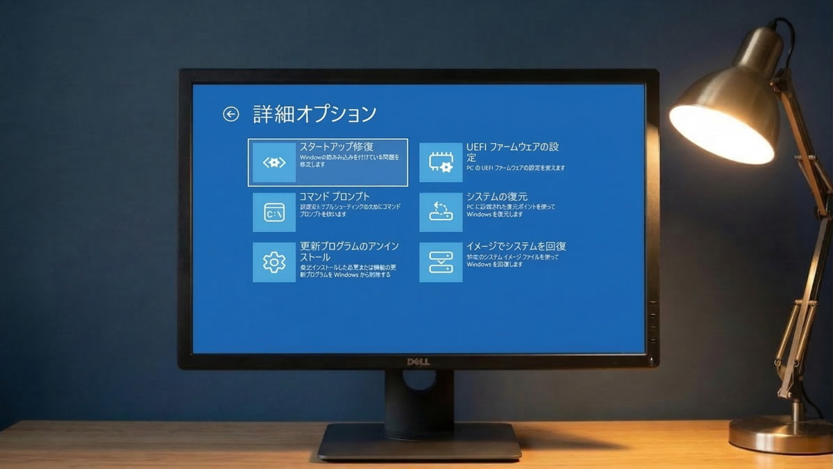 スタートアップ修復のボタンをクリックしようとしている