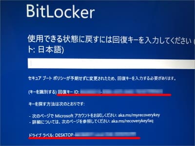 BitLocker回復キーの入力画面