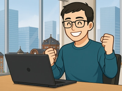 Microsoft公式サイトからWindowsのダウンロードが完了した青年のイラスト