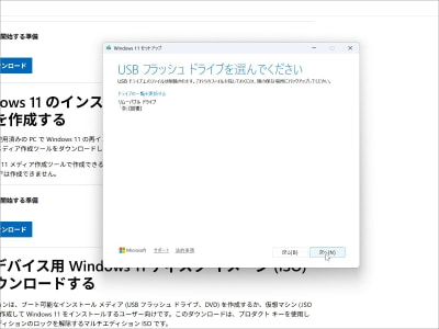 「USBフラッシュを選んでください」画面で、「次へ（N）」をクリックしている画像