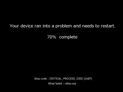 Your device ran into a problem and needs to restart.のエラー画面