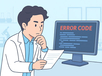 若い研究員が、Your device ran into a problem 画面のエラーコードを分析しているイラスト